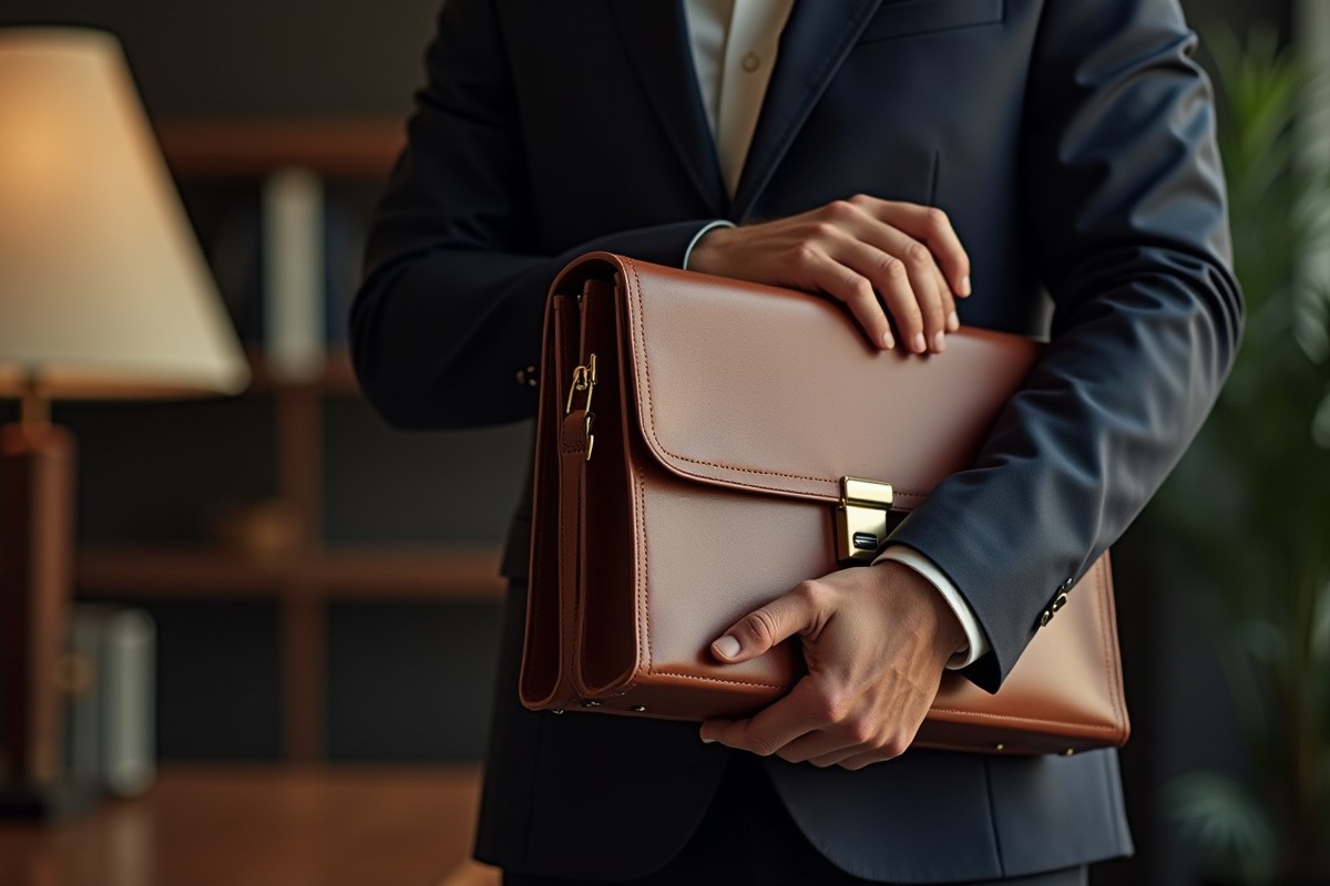 Мужчина в деловом костюме с кожаным портфелем, внутри виден ноутбук